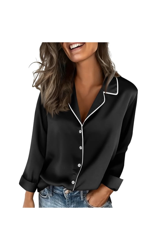 Womens Trendy Comfy Lapel Daily Shirts Blouses Tops Women Satin Blouses For Women Button Down Shirts Long Sleeve Business Casual Tops