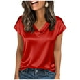 thumbnail image 1 of Rutainlusire Womens Trendy Comfy Smooth V-Neck Short Sleeves T-Shirts Blouses Tops Women's Fashion Solid Color Leisure Summer T-shirt V-neck Leisure Tops Satin Shirts, 1 of 4
