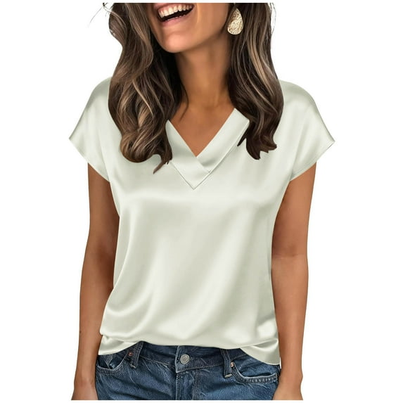 Rutainlusire Womens Trendy Comfy Smooth V-Neck Short Sleeves T-Shirts Blouses Tops Women's Fashion Solid Color Leisure Summer T-shirt V-neck Leisure Tops Satin Shirts