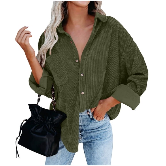 Rutainlusire Womens Trendy Corduroy Loose Comfy Buttoned Shirts Jackets Women's Fashion Solid Color Long Sleeve Lapel Top Loose Casual Cardigan Top Coat