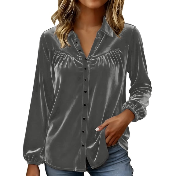 Rutainlusire Womens Trendy Elegant Gold Velvet V-Neck Comfy Blouses Tops Women's Gold Velvet Solid Color Long Sleeved V-neck Lapel Button Fashionable Temperament Top