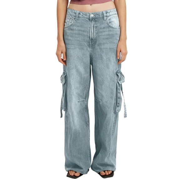 Rutainlusire Womens Trendy Fashion Comfy Cargo Jeans Denim Pants Women's Solid Color High Waisted Multiple Pocket Zipper Wide Legs Jeans Full Length Pants Jeans