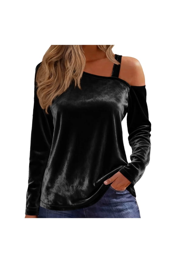 Womens Trendy Fashion Velvet One Shoulder Strap Comfy Blouses Women's Velvet Casual Solid Color Spliced Off Shoulder Long Sleeve Tops