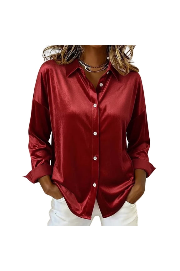 Womens Trendy Fashion Vintage Smooth Satin Buttoned Shirts Blouses 2026 Ladies' Casual Fashion C Ollar Button Satin Solid Color Shirt Jacket Top Women's Long Sleeved Shirt