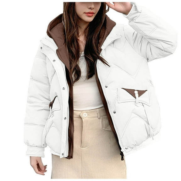 Rutainlusire Womens Trendy Faux Two-Piece Hooded Cotton Jacket Puffer Jackets 2025 Women's Fashion Solid Color Casual Padded Keep Warm Cold Protection Long Sleeve Parkas