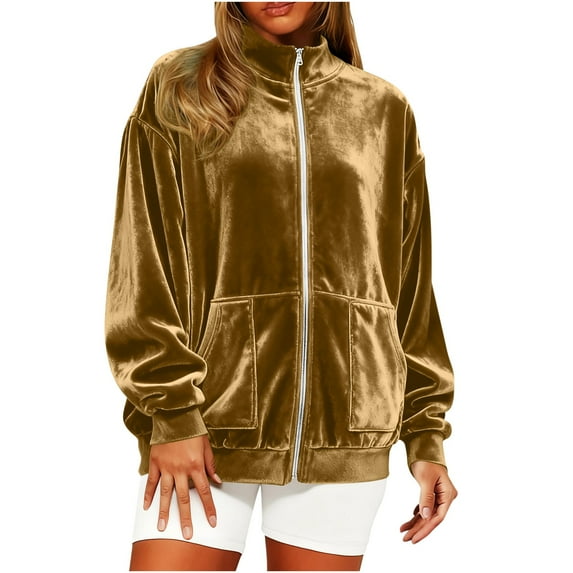 Rutainlusire Womens Trendy Gold Velvet Comfy Zip Up Jackets Women's Solid Color Gold Satin Long Sleeve Zipper Coat