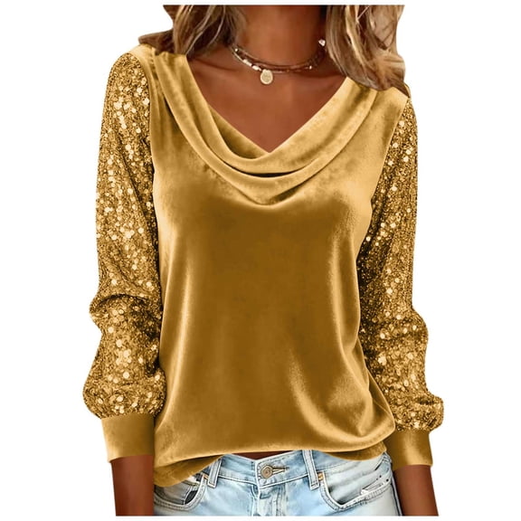 Rutainlusire Womens Trendy Gold Velvet Shiny Sequins Ruffled Neck Blouses Tops Women's Sequin Patchwork Long Sleeve V-Neck Blouses Pullover Casual Fashionable Top