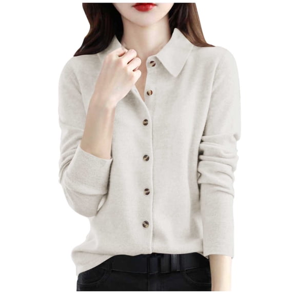 Rutainlusire Womens Trendy Lapel Comfy Buttoned Shirts Sweaters Women's Solid Color Button Turndown Collar Long Sleeved Casual Fashionable Sweater