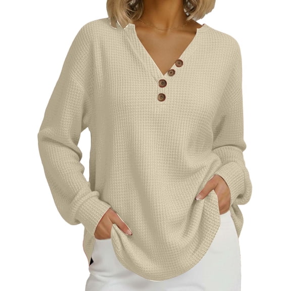 Rutainlusire Womens Trendy Loose Waffle Knit Buttoned Comfy Blouses Women's Spring And Winter Fashion V-neck Button Long Sleeve Base Coat Top