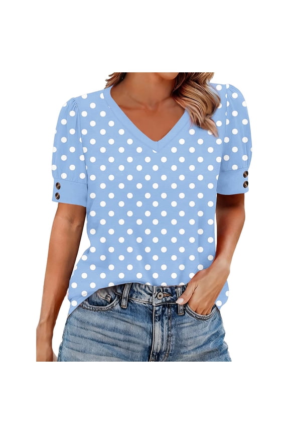 Womens Trendy Polka Dot V-Neck Comfy Blouses Tops Women's Fashion Spring/Summer Clothing Solid Color Base T-shirt Button Short Sleeve V-neck Top/Shirt