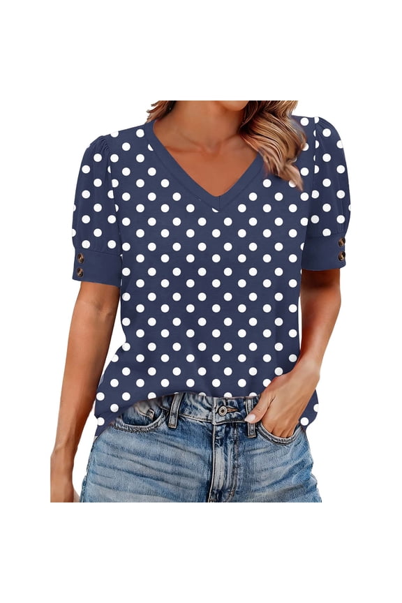 Womens Trendy Polka Dot V-Neck Comfy Blouses Tops Women's Fashion Spring/Summer Clothing Solid Color Base T-shirt Button Short Sleeve V-neck Top/Shirt