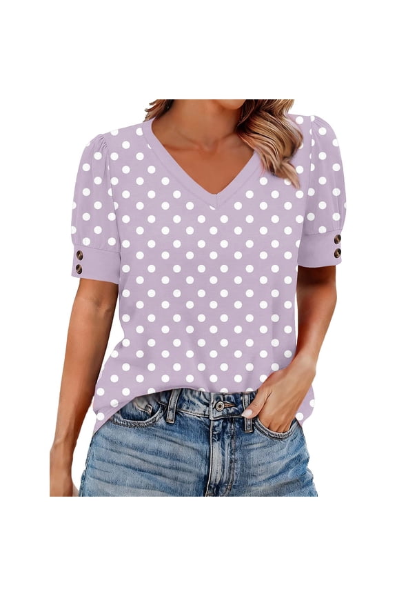 Womens Trendy Polka Dot V-Neck Comfy Blouses Tops Women's Fashion Spring/Summer Clothing Solid Color Base T-shirt Button Short Sleeve V-neck Top/Shirt