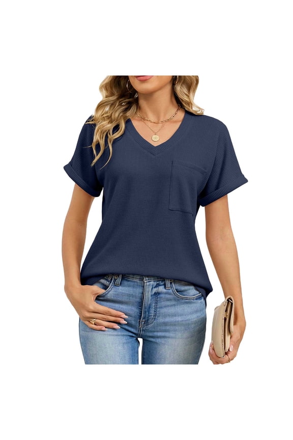 Womens Trendy Short Sleeves Comfy Blouses Tops with Pockets Women's Solid Color Pocket Blouses Short Sleeve V-Neck Pullover Casual Fashionable Top