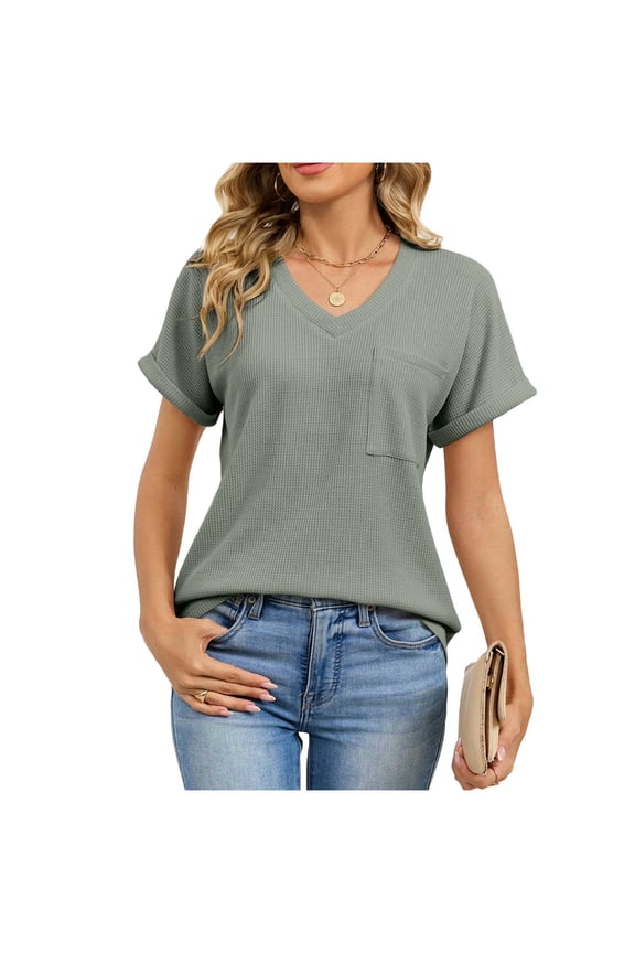 Womens Trendy Short Sleeves Comfy Blouses Tops with Pockets Women's Solid Color Pocket Blouses Short Sleeve V-Neck Pullover Casual Fashionable Top