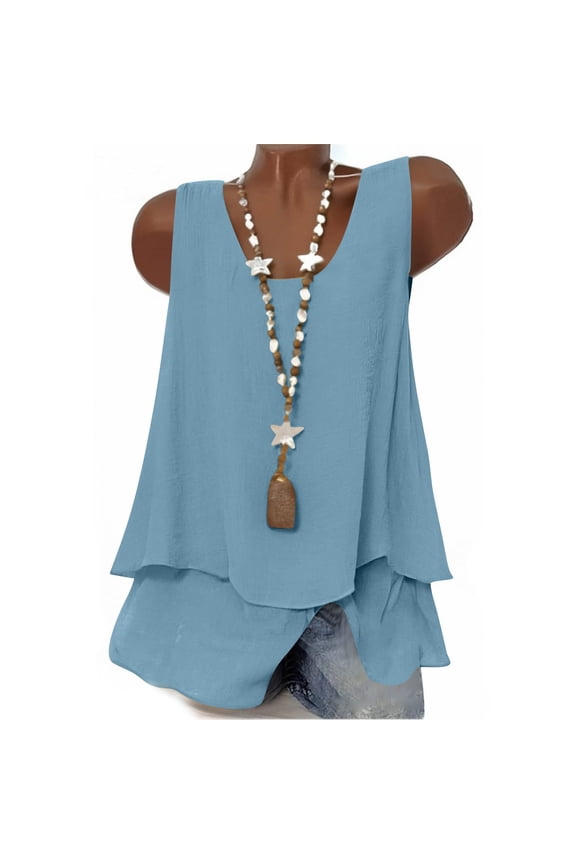 Womens Trendy Sleeveless Loose Comfy Tank Tops Women's Solid Color Spring Summer Double Layer Linen Strappy Fashion Casual Sleeveless Top T-Shirt