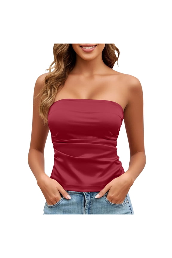 Womens Trendy Smooth Satin Sleeveless Off Shoulder Tank Tops Women's Solid Color Fashionable Trend Chest Hugging Backless Strapless Tops