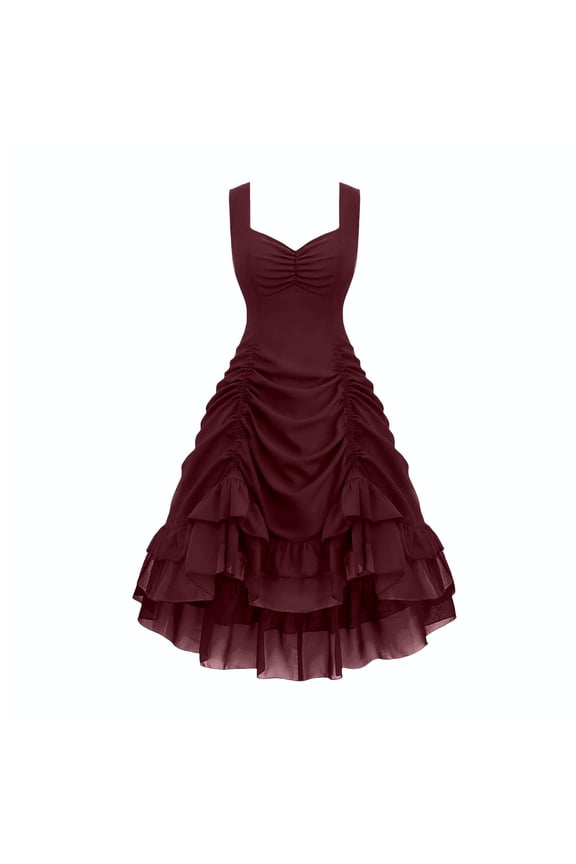 Womens Trendy Solid Color Sleeveless Dresses Women's Plus Size Gothic Steampunk Vintage Goth Dress Cinched Ruched Renaissance Costume Dress