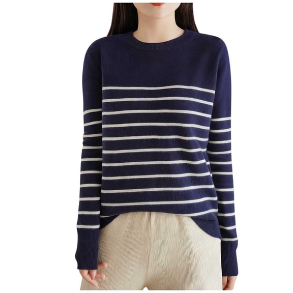 Rutainlusire Womens Trendy Striped Comfy Loose Sweaters Women's Striped Long Sleeve Blouses Round Neck Casual Fashionable Sweater