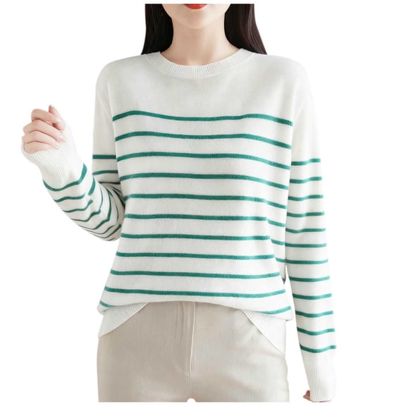 Rutainlusire Womens Trendy Striped Comfy Loose Sweaters Women's Striped Long Sleeve Blouses Round Neck Casual Fashionable Sweater