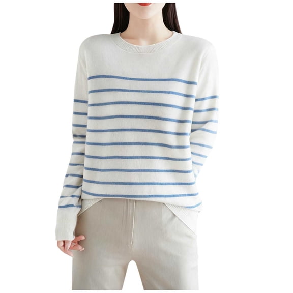 Rutainlusire Womens Trendy Striped Comfy Loose Sweaters Women's Striped Long Sleeve Blouses Round Neck Casual Fashionable Sweater