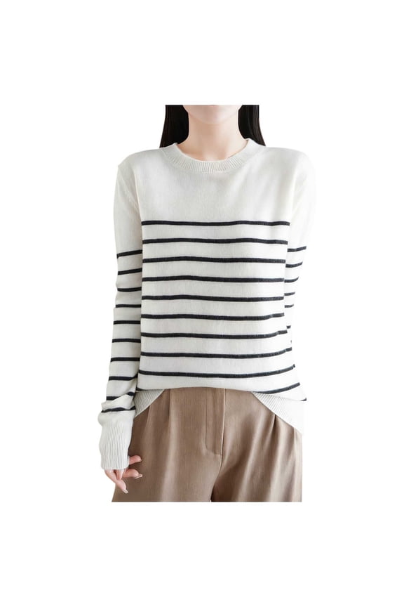 Womens Trendy Striped Comfy Loose Sweaters Women's Striped Long Sleeve Blouses Round Neck Casual Fashionable Sweater