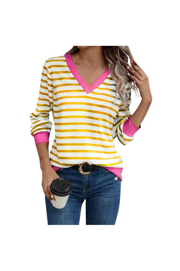 Womens Trendy Striped V-Neck Comfy Blouses Tops Fashion Women's Casual Solid Color Pleated Long Sleeve V-Neck Blouses Shirts
