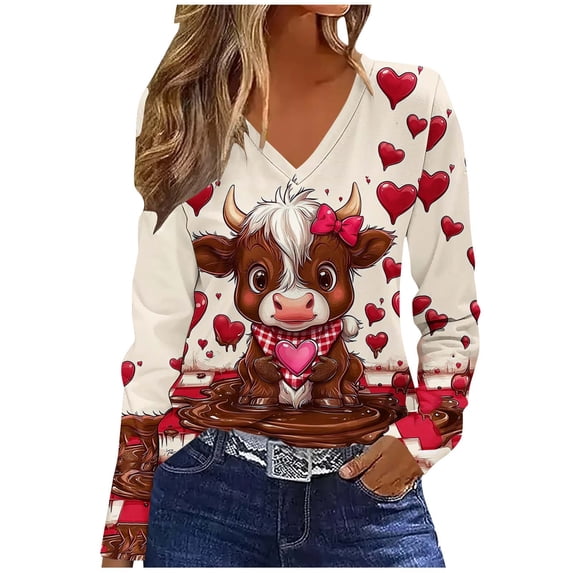 Rutainlusire Womens Trendy Valentine's Day Printed V-Neck Comfy Blouses Women's Fashion Printing Casual V-neck Long Sleeve Loose T-shirt Top