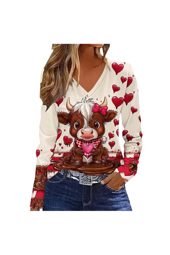 Womens Trendy Valentine's Day Printed V-Neck Comfy Blouses Women's Fashion Printing Casual V-neck Long Sleeve Loose T-shirt Top