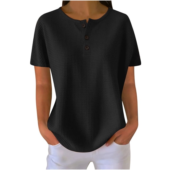 Rutainlusire Womens Trendy Waffle Knit Crew Neck Tops Blouse 2026 Women's Round Neck Solid Color Pullover Short Sleeved Top Short Sleeved Round Neck Top/shirt