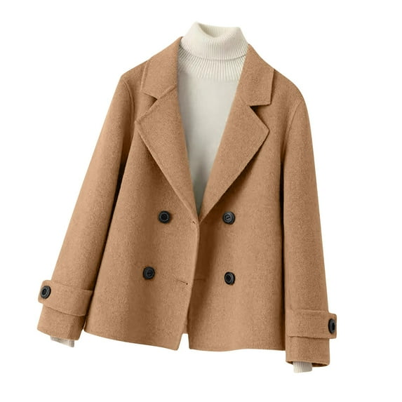 Rutainlusire Womens Trendy Warm Comfy Coat Jacket Fall Winter Women's Long-sleeved Solid Color Lapel Double-breasted Short Coat