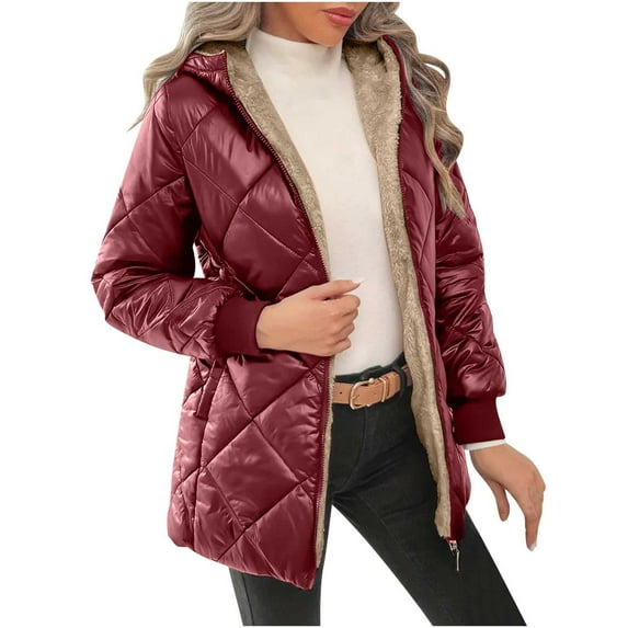Rutainlusire Womens Trendy Warm Fleece Lined Quilted Jackets 2025 Fall Winter Women's Solid Long Sleeved Hooded Jacket