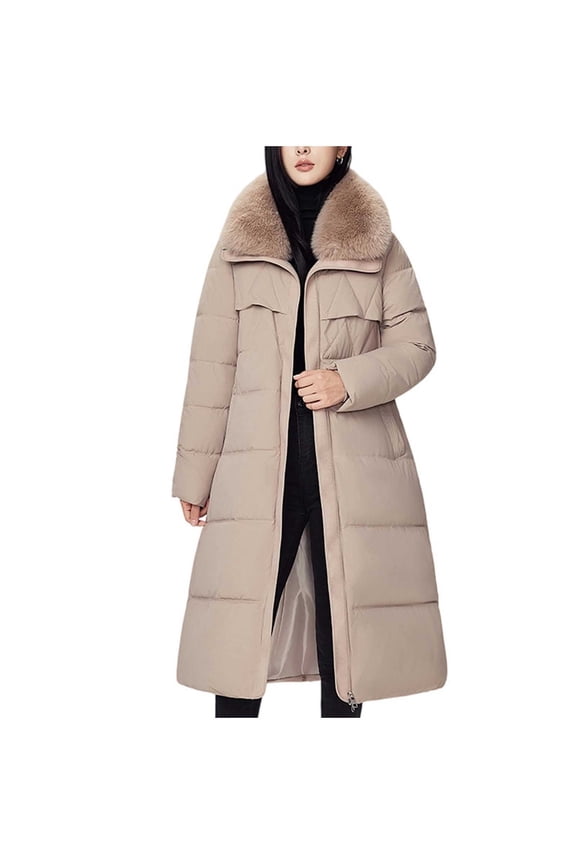 Womens Trendy Warm Hoodless Puffer Parka Jackets Women's Winter Down Jacket Long Over The Knee Collar Waist Cinched Coat Jacket