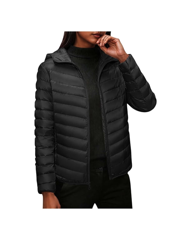 Womens Trendy Warm Winter Hooded Puffer Jackets 2025 Women's Solid Color Zipper Outerwear Long Sleeve Hooded Casual Fashionable Parkas