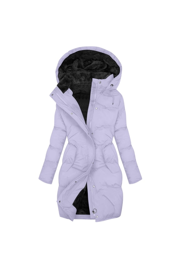 Womens Warm Fleece Lined Hooded Puffer Jackets 2025 Women's Long-sleeved Round-neck Hooded Solid Color Water-repellent Warm Fashion Jacket
