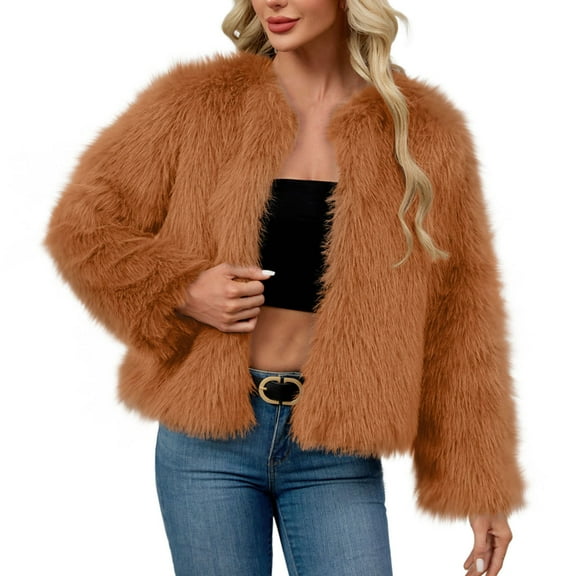 Rutainlusire Womens Warm Furry Comfy Cardigan Jackets Womens Ladies Warm Faux Furry Coat Jacket Winter Solid Round Neck Outerwear