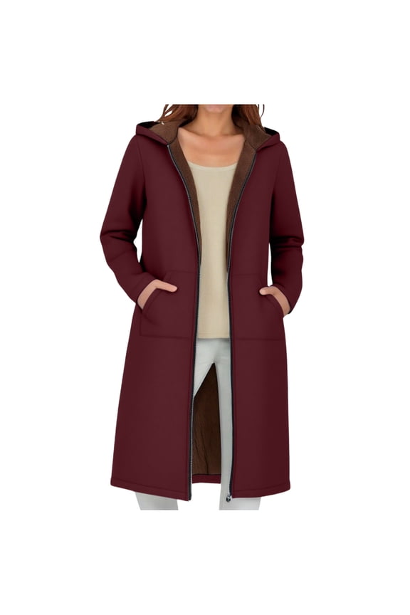 Womens Warm Long-Length Fleece Hooded Jackets Women's Long Sleeved Composite Velvet Hooded Casual Long Jacket/jacket Long Windproof Jacket