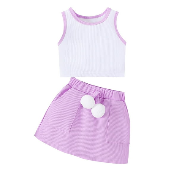 Rutayy Children Girls Sleeveless Vest Hairball Pendant Solid Color Skirt Two Piece Set Fashion Elegance, Purple, 18 M -24 M
