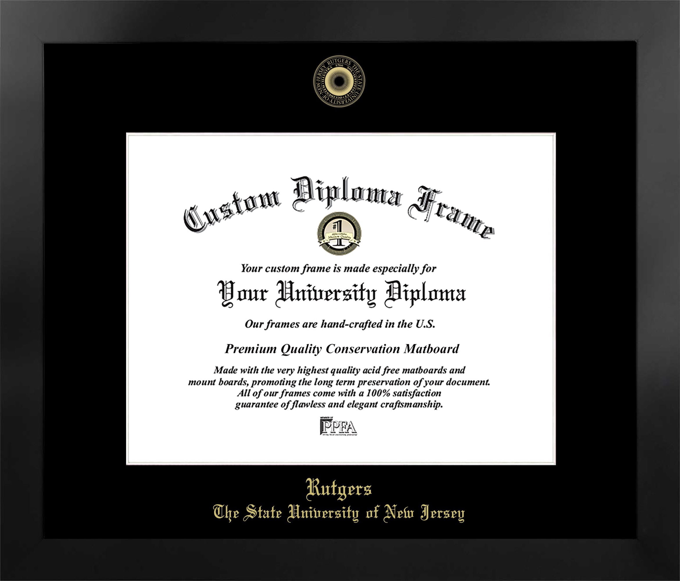 Rutgers University, The State University of New Jersey, 14w x 11h Manhattan Black Single Mat Gold Embossed Diploma Frame with Bonus Campus Images Lithograph (value savings at $59)