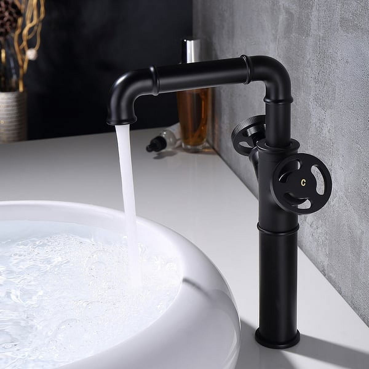 Matte Black Industrial Pipe Bathroom Vessel Sink Faucet with Brass Handles