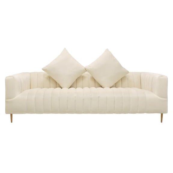 Ruth Sofa in Ivory Velvet with Gold Tone Metal Legs and 2 Toss Pillows