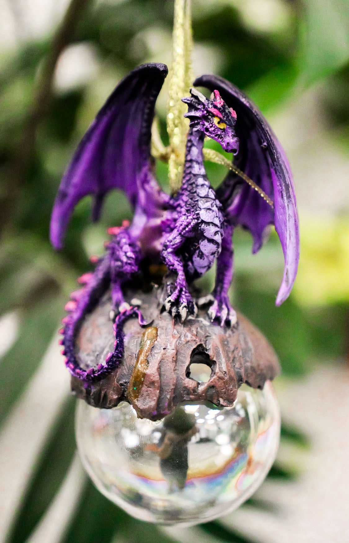 Purple Resin Dragon Ornament with Pearlescent Bulb