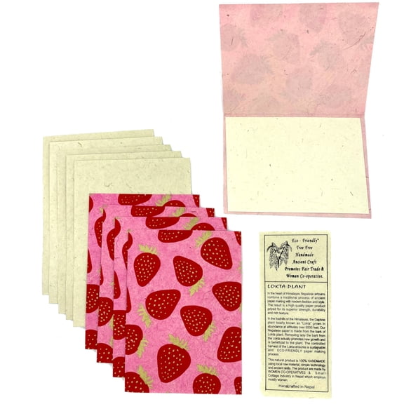 Ruth + Wilde Nepal Greeting Card and Envelope Set: Strawberry Notecards, Handmade Lokta Paper