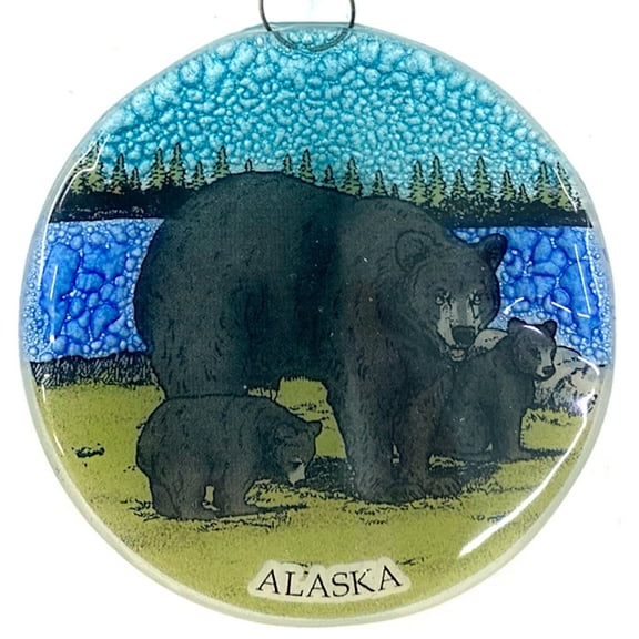 Ruth's Ethical Goods Alaska Black Bear Family Christmas Tree Ornament - Art Glass Light Catcher Map Hanging Decoration