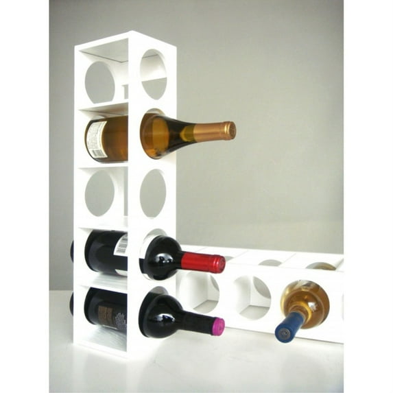 Rutherford Wine Rack, comes in set of two units, each unit can hold 5 bottles, can be stacked on table top or put on the wall. Oak veneer, color: white