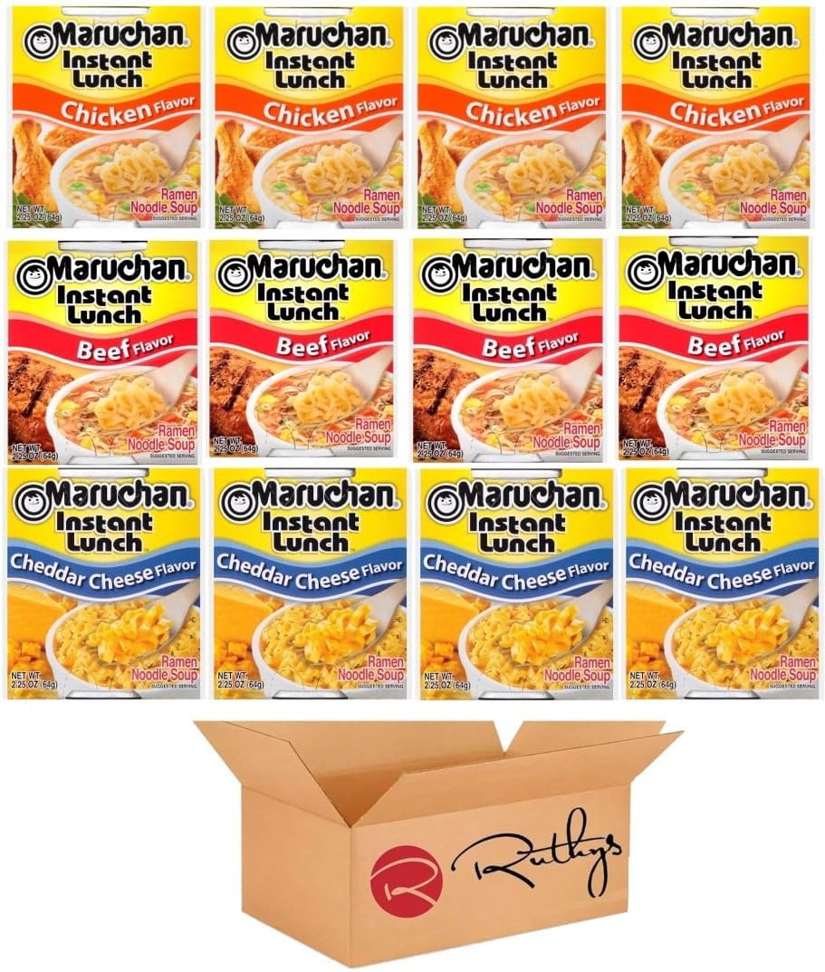 Ruthy's Outlet Ramen Noodle Cup Soup Instant Lunch Variety 12 Count - 3 Flavors -Chicken, Beef, Chedder Cheese