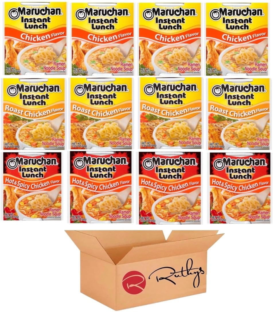 Ruthy's Outlet Ramen Noodle Cup Soup Instant Lunch Variety 12 Count - 3 Flavors -Chicken, Hot & Spicy Chicken, Roast Chicken