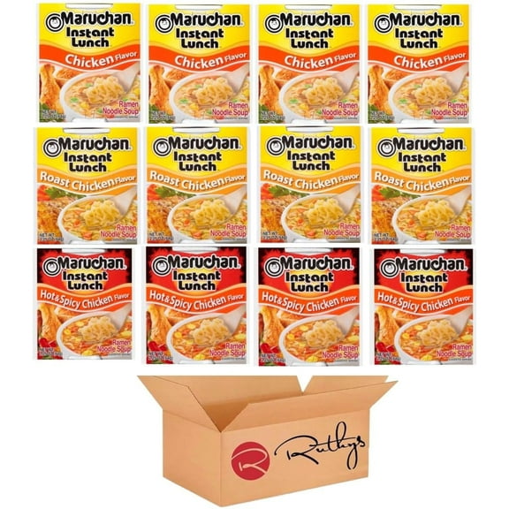 Ruthy's Outlet Ramen Noodle Cup Soup Instant Lunch Variety 12 Count - 3 Flavors -Chicken, Hot & Spicy Chicken, Roast Chicken