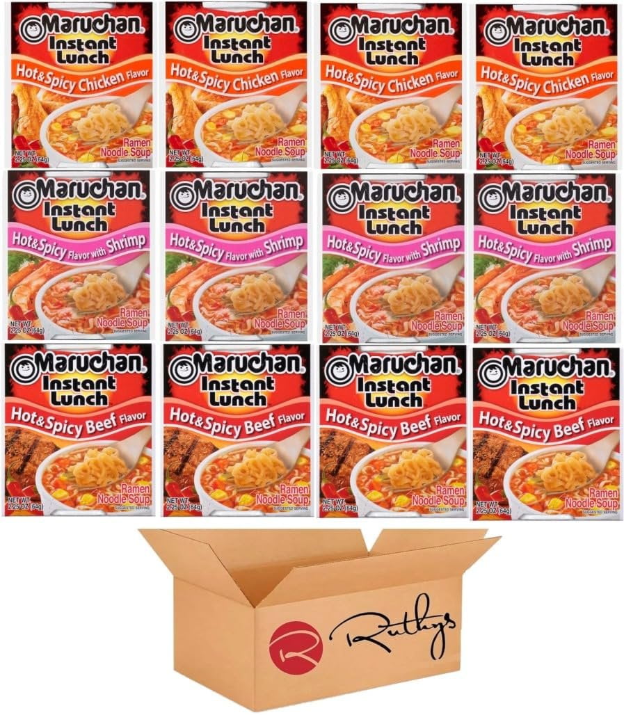 Ruthy's Outlet Ramen Noodle Cup Soup Instant Lunch Variety 12 Count - 3 Flavors -Hot & Spicy Beef, Spicy Chicken, Spicy Shrimp