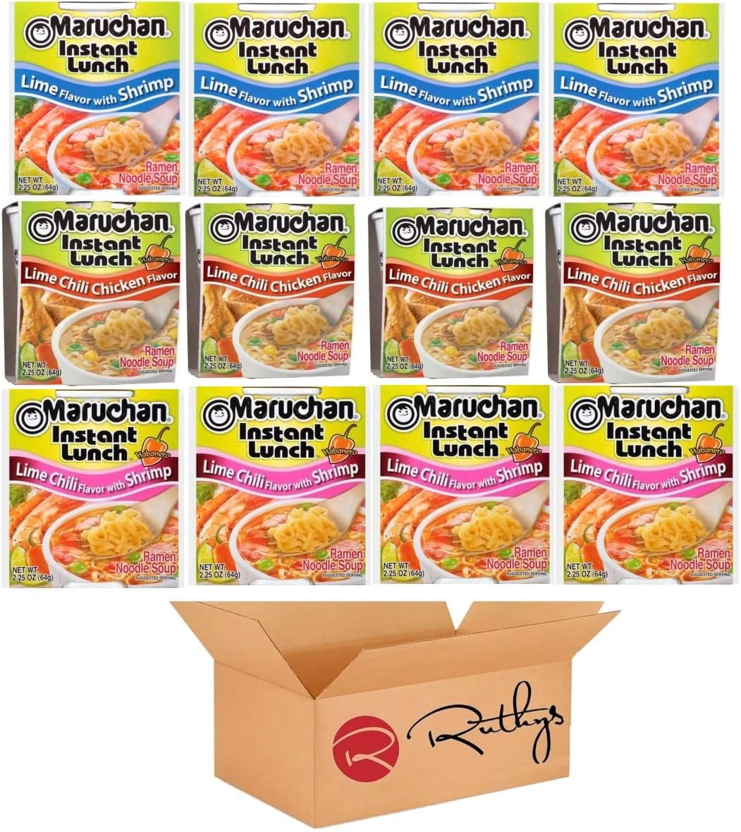 Ruthy's Outlet Ramen Noodle Cup Soup Instant Lunch Variety 12 Count - 3 Flavors -Lime Shrimp, Lime Chili Chicken, Lime Chili Shrimp