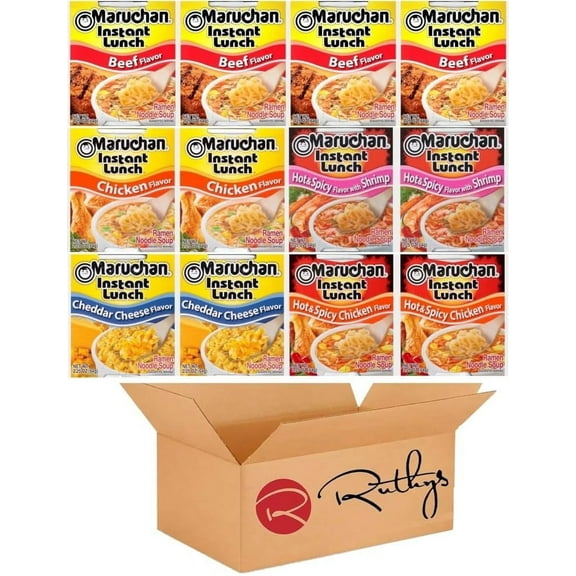 Ruthy's Outlet Ramen Noodle Cup Soup Instant Lunch Variety 12 Count - 5 Flavors -Chicken, Beef, Chedder cheese, Spicy Chicken, Spicy Shrimp